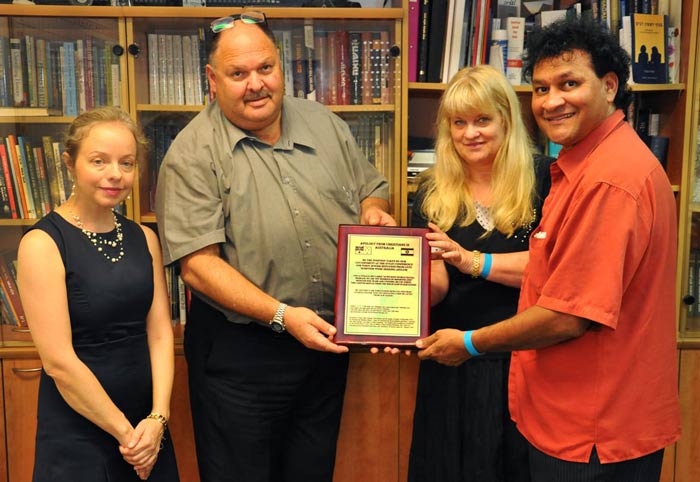Dr Susanna Kokkonen, Shaya Ben Yehuda and Barbara and Norman Miller with the Plaque the Millers Presented to Shaya